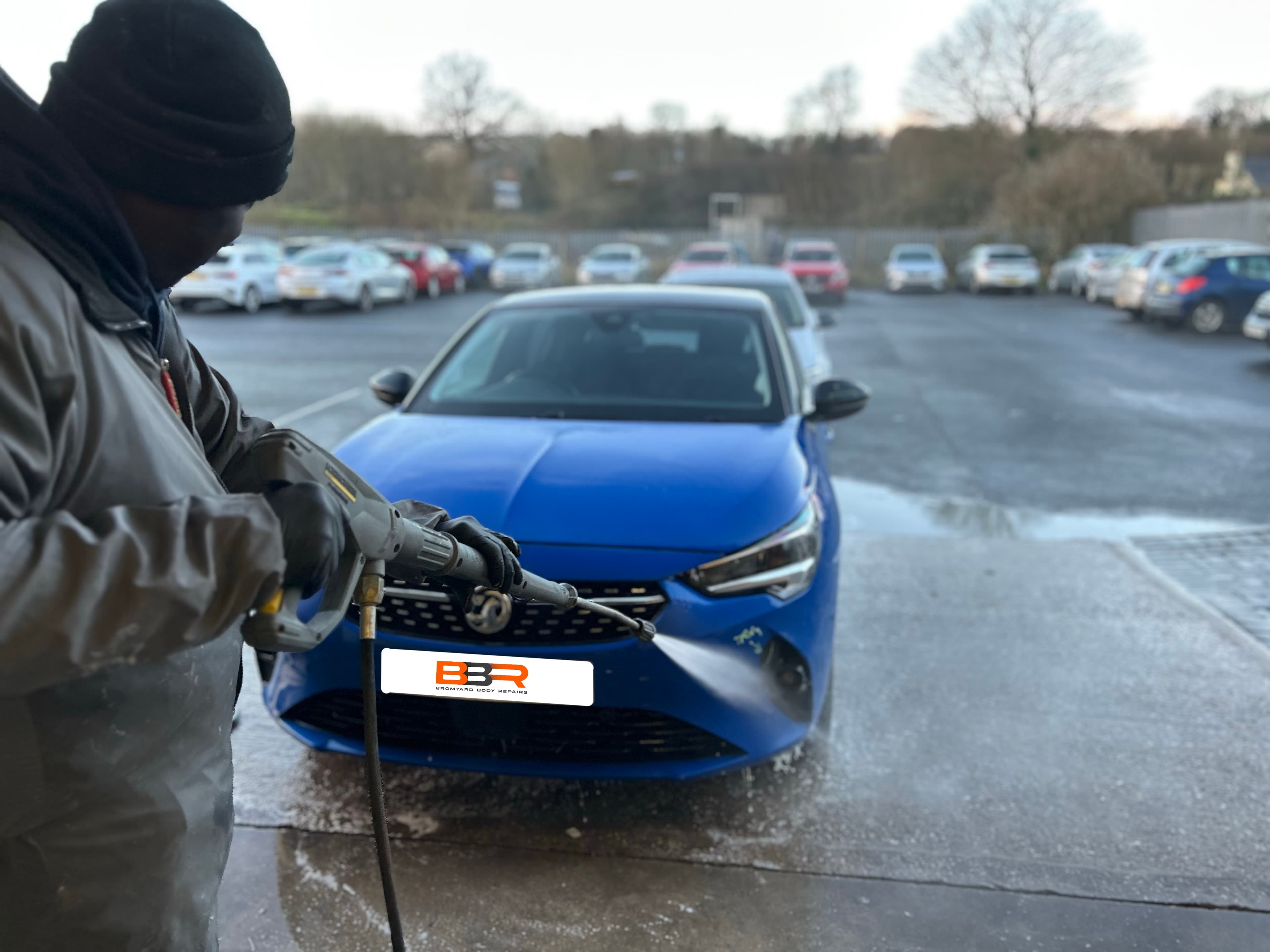 Car valeting and jet wash preparation at Bromyard Body Repairs